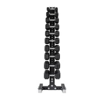 5-50 LB Rubber Hex Dumbbell Set with Vertical Storage Rack (10 Pairs)