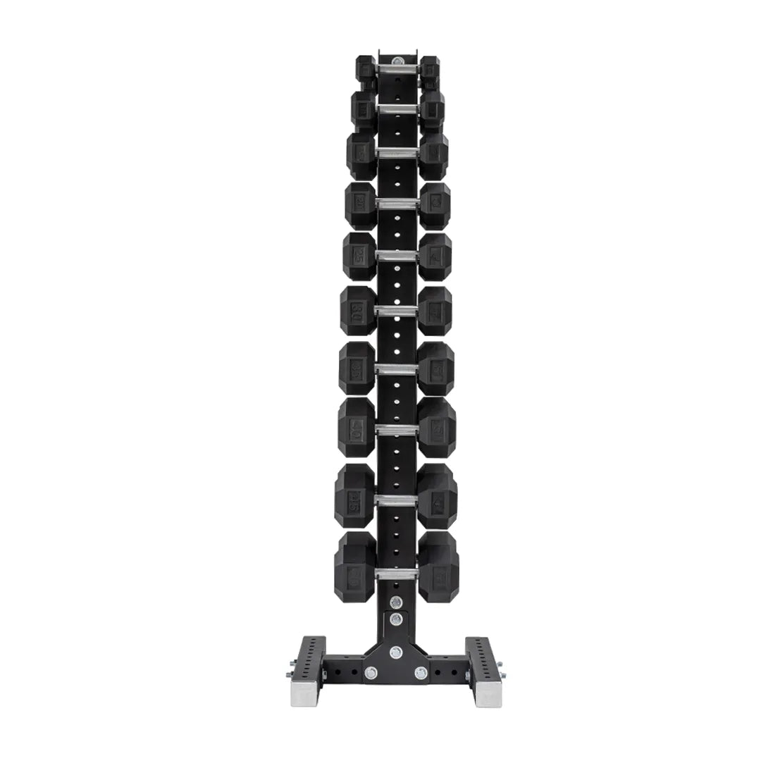 5-50 LB Rubber Hex Dumbbell Set with Vertical Storage Rack (10 Pairs)