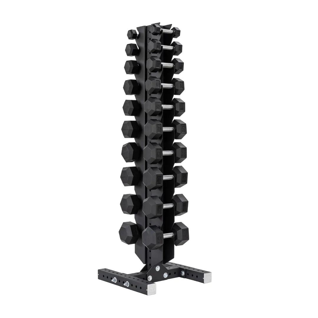 5-50 LB Rubber Hex Dumbbell Set with Vertical Storage Rack (10 Pairs)