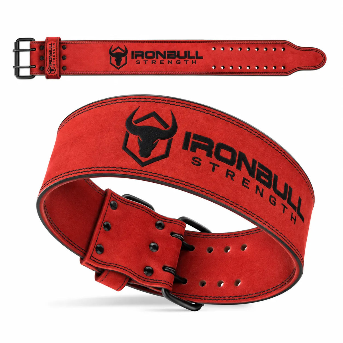 #color_red | Iron Bull Strength 10mm powerlifting belt in red, front view