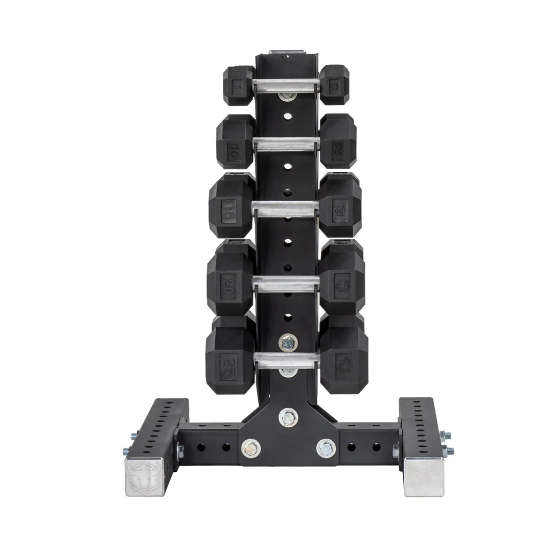 5-25 LB Rubber Hex Dumbbell Set with Vertical Storage Rack (5 Pairs)