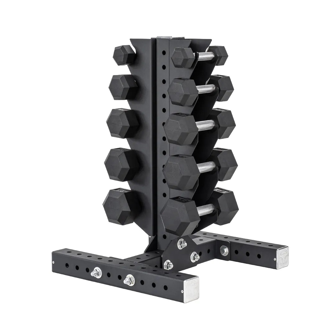 5-25 LB Rubber Hex Dumbbell Set with Vertical Storage Rack (5 Pairs)