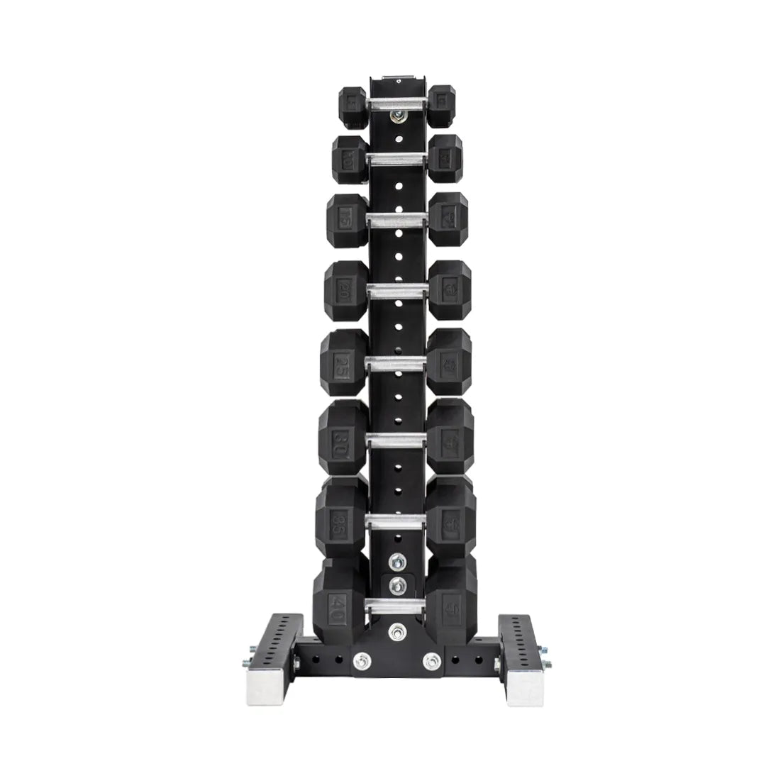 5-40 LB Rubber Hex Dumbbell Set with Vertical Storage Rack (8 Pairs)