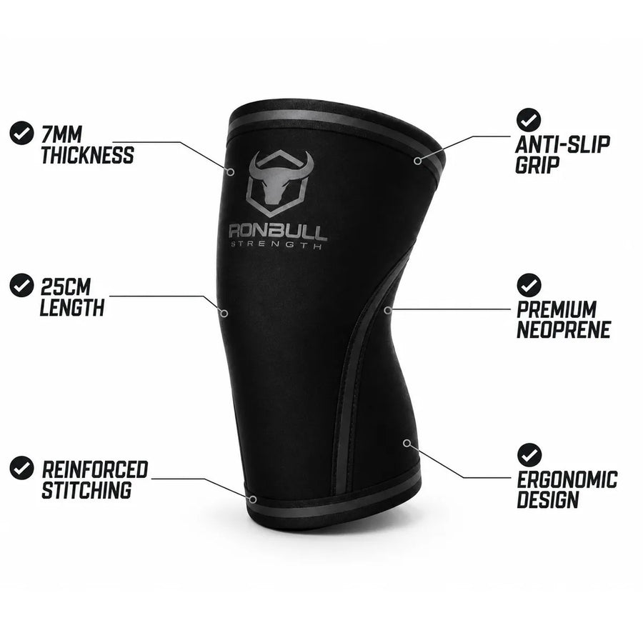 #color_black | Iron Bull Strength 7mm knee sleeves for squats in black, features