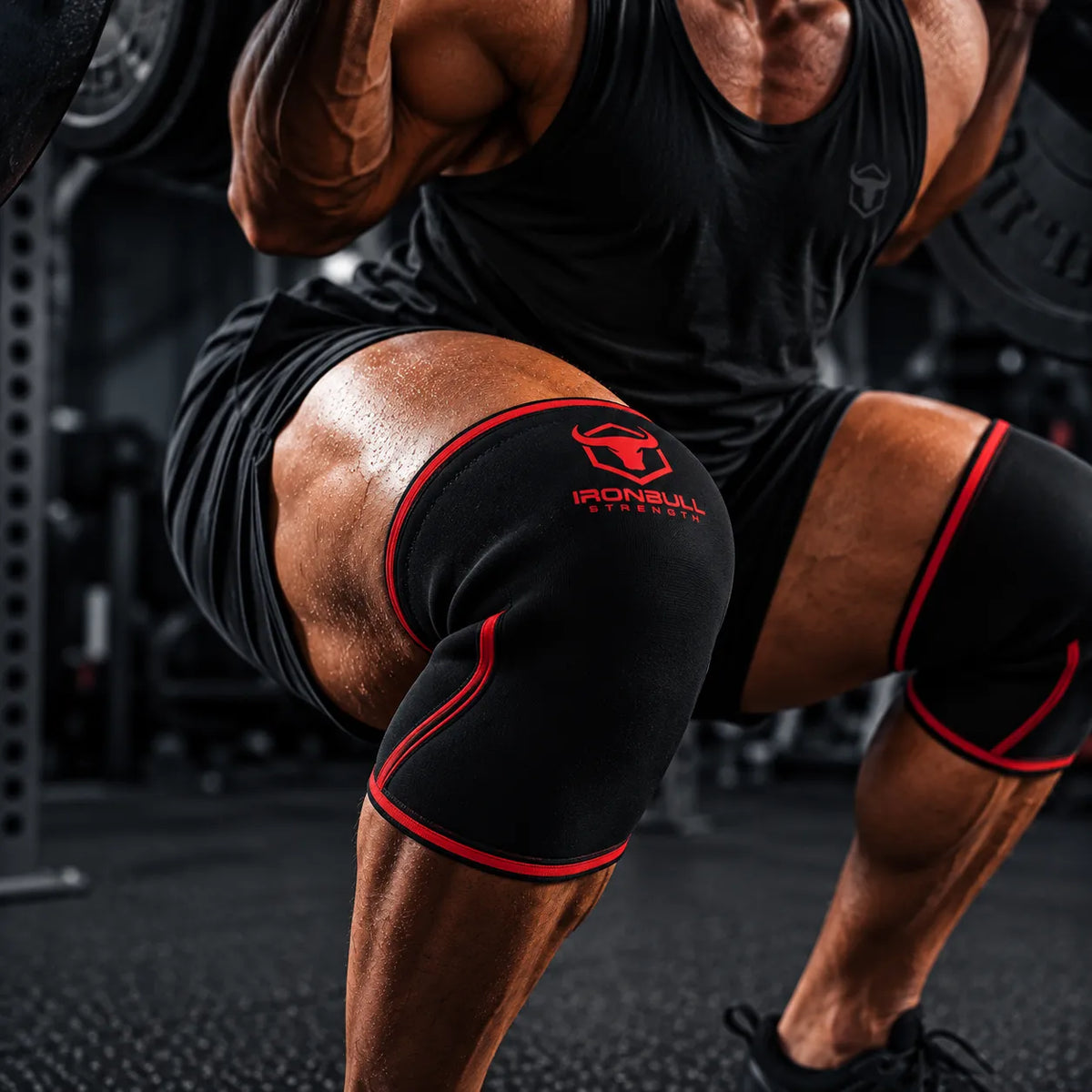 #color_black-red | Iron Bull Strength 7mm knee sleeves for lifting in red