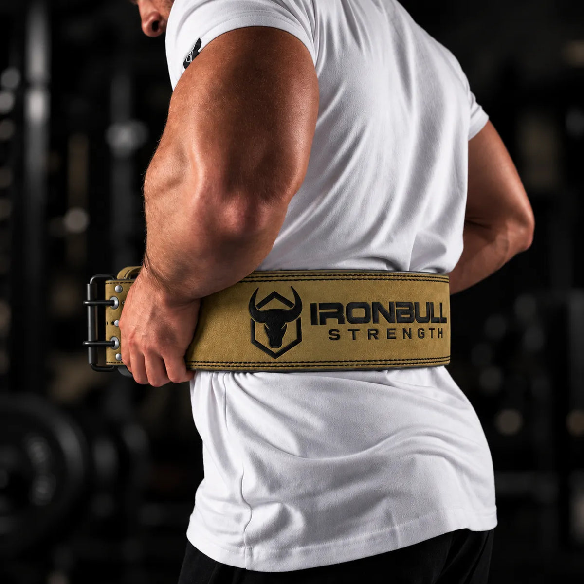 #color_milspec-green | Lifter wearing Iron Bull Strength double prong lifting belt during a workout