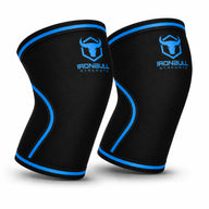 #color_black-olympic-blue | Iron Bull Strength 7mm knee sleeves in black, front view
