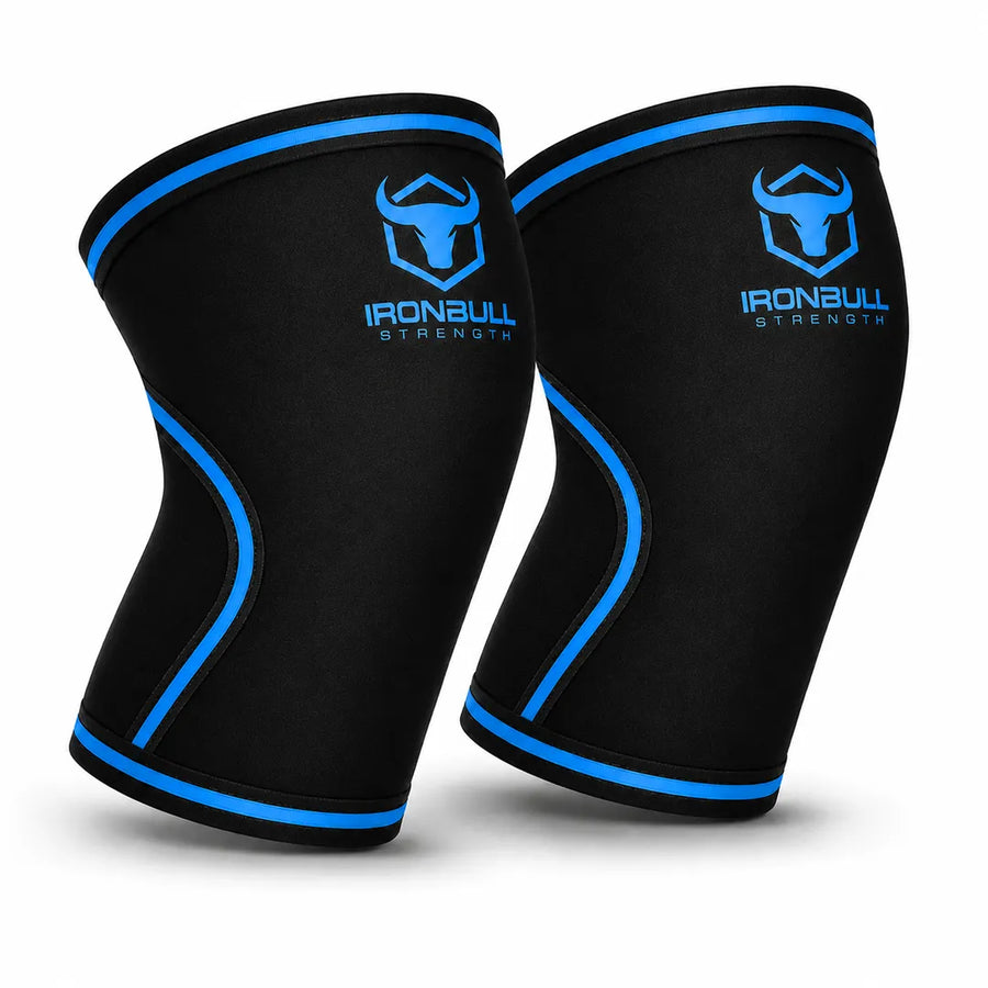 #color_black-olympic-blue | Iron Bull Strength 7mm knee sleeves in black, front view
