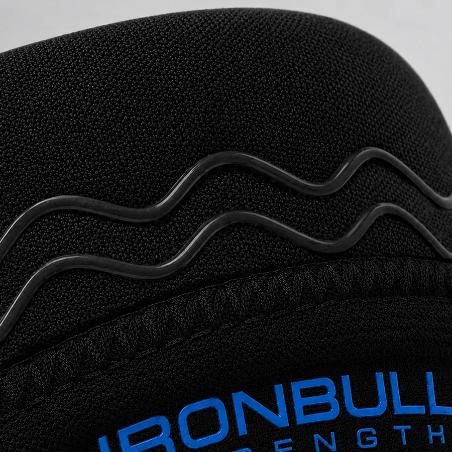 #color_black-olympic-blue | Close-up of anti-slip feature on Iron Bull Strength 7mm knee sleeves
