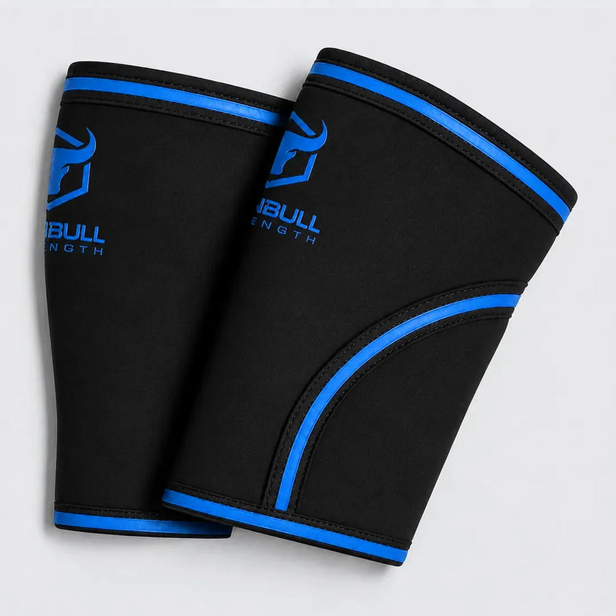 #color_black-olympic-blue | Black Iron Bull Strength 7mm knee sleeves showing compression fit
