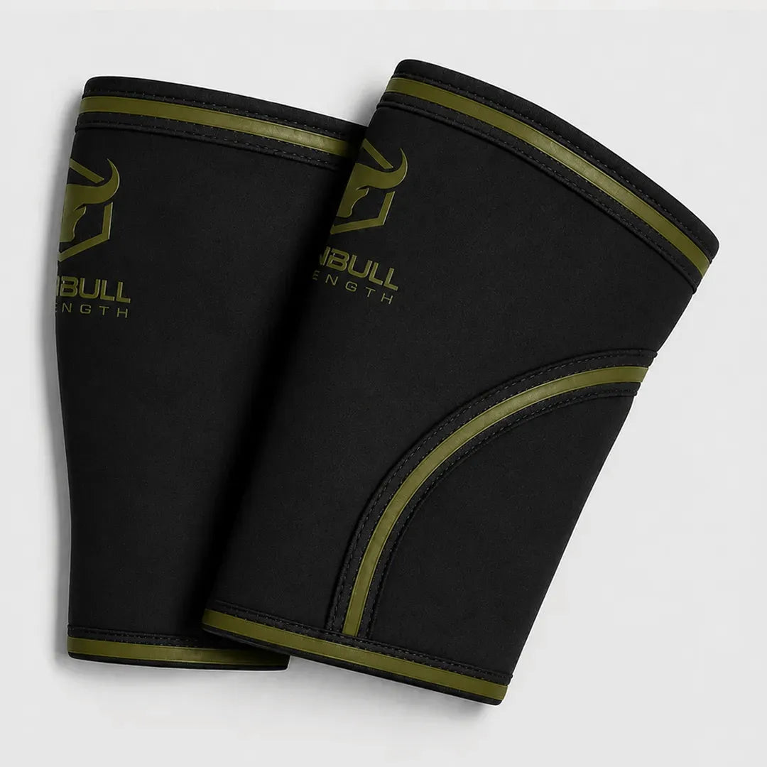 #color_black-milspec-green | Black Iron Bull Strength 7mm knee sleeves showing compression fit
