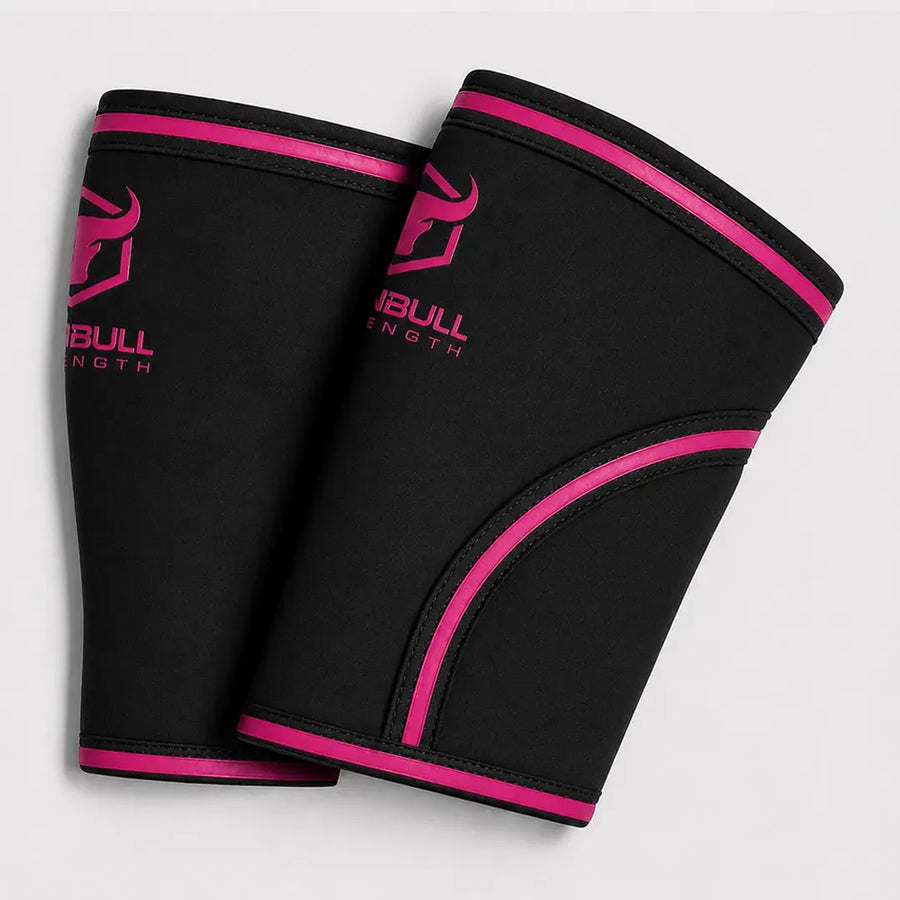 #color_black-pink | Black Iron Bull Strength 7mm knee sleeves showing compression fit
