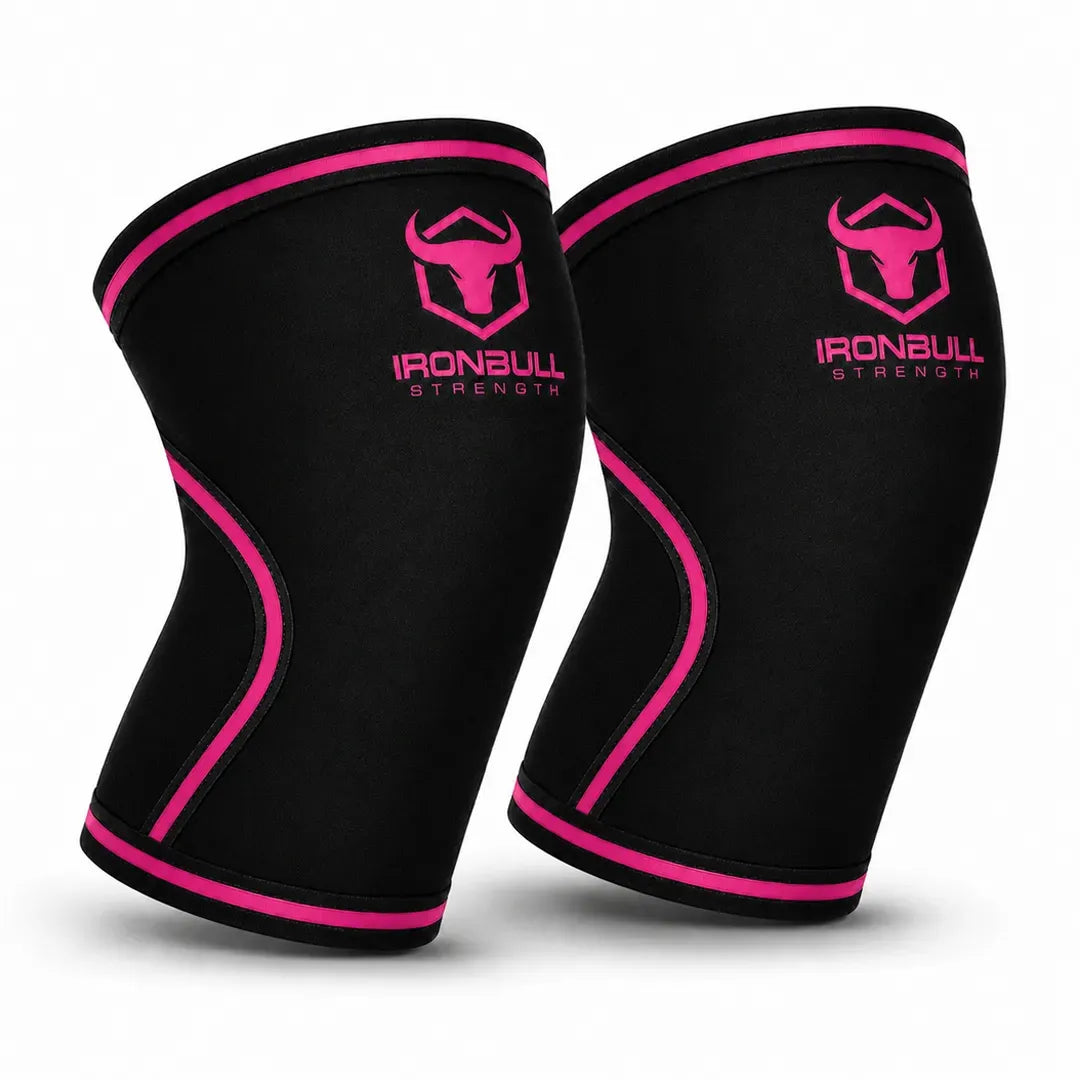 #color_black-pink | Iron Bull Strength 7mm knee sleeves in black, front view
