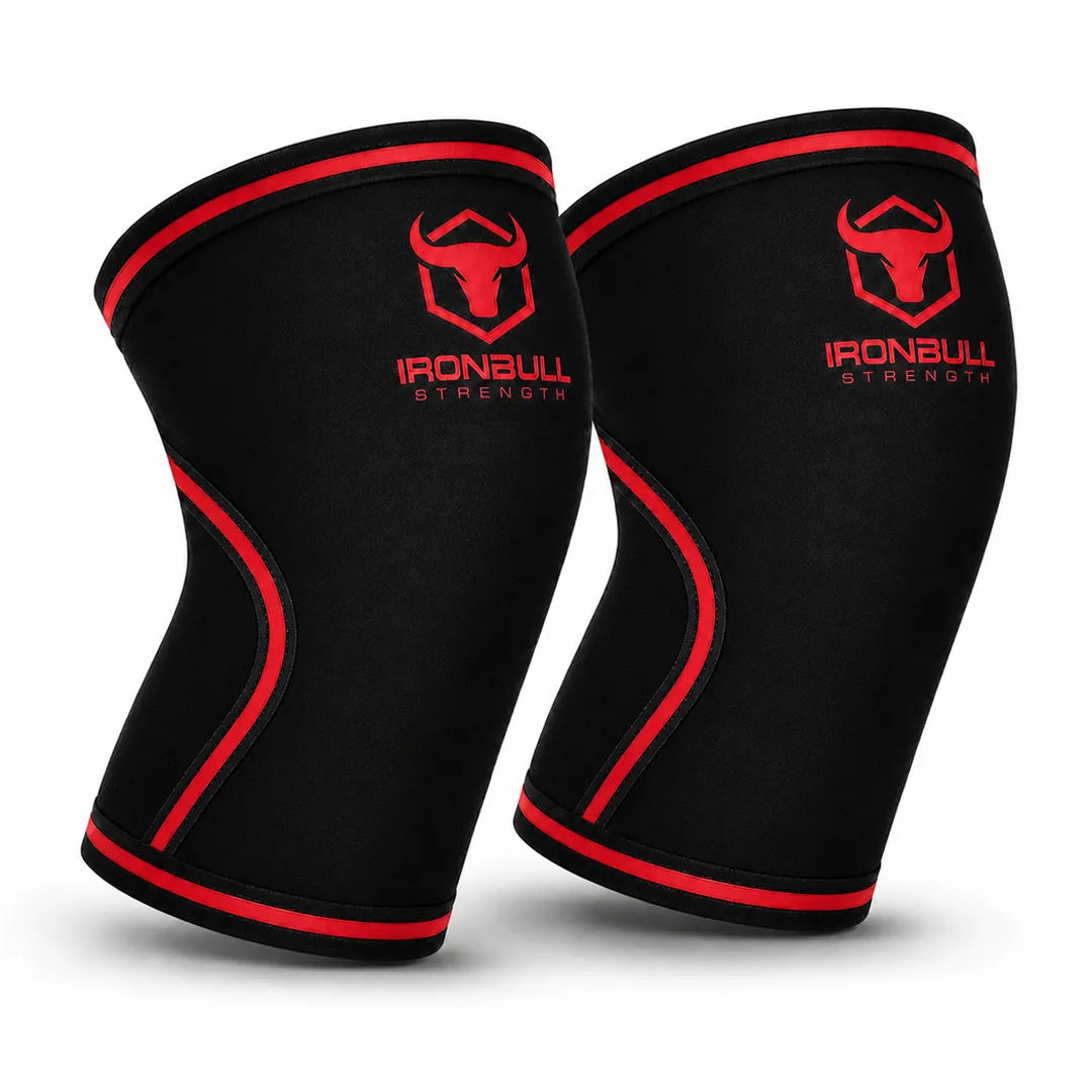 #color_black-red | Iron Bull Strength 7mm knee sleeves in black, front view
