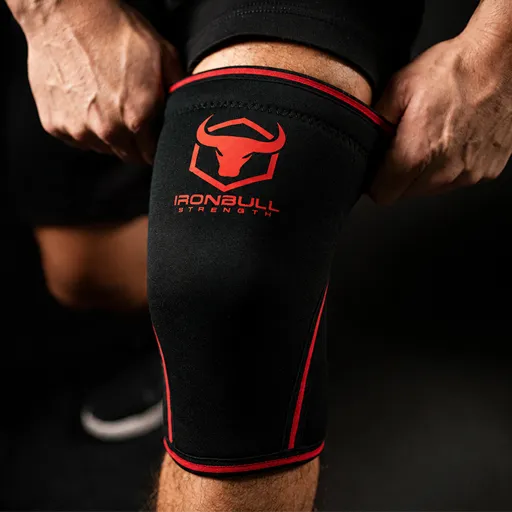 #color_black-red | Iron Bull Strength 7mm knee sleeves for squats in black, how to wear
